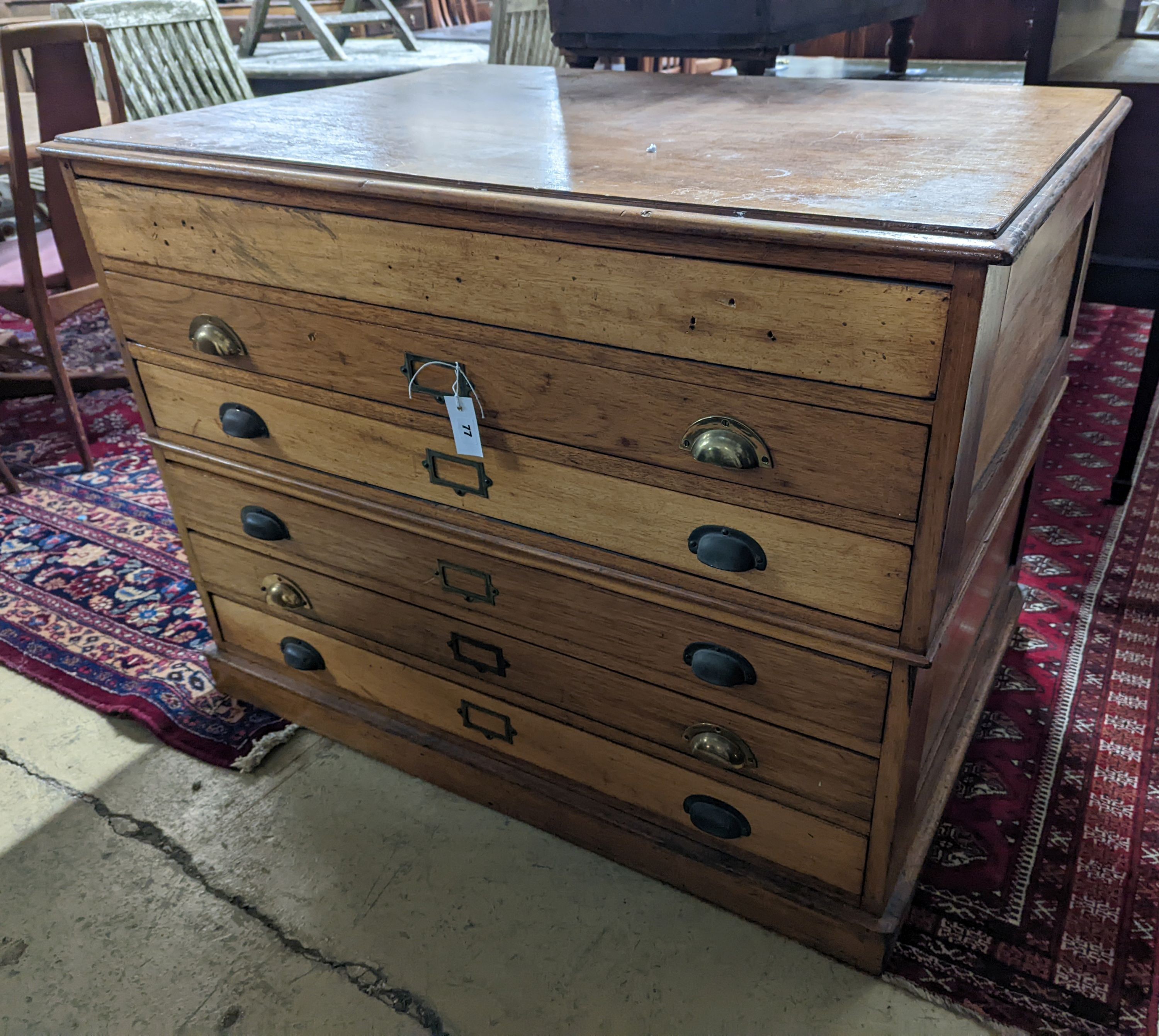 An early 20th century mahogany six drawer two part plan chest, width 116cm, depth 79cm, height 88cm